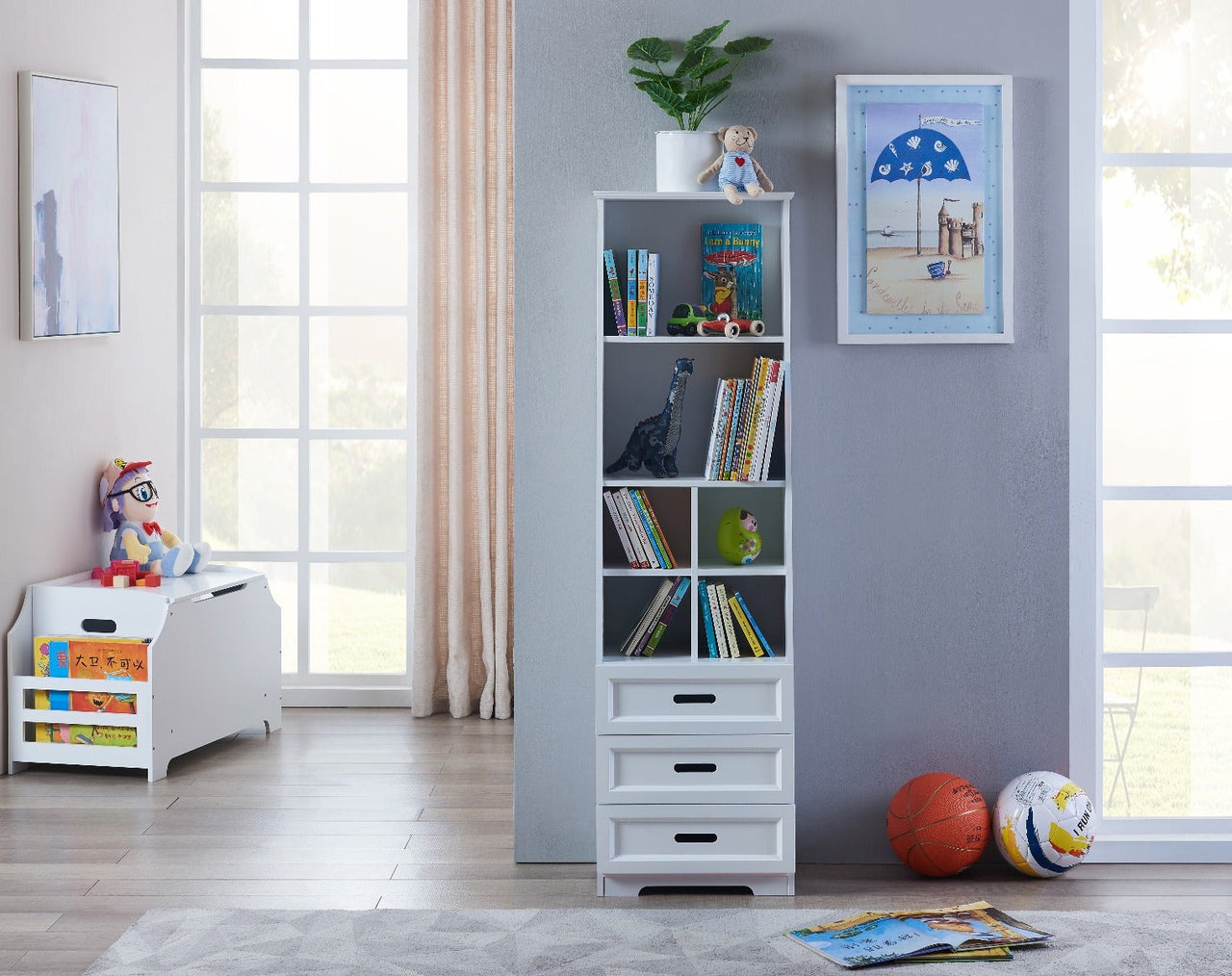 White bookcase with drawers 